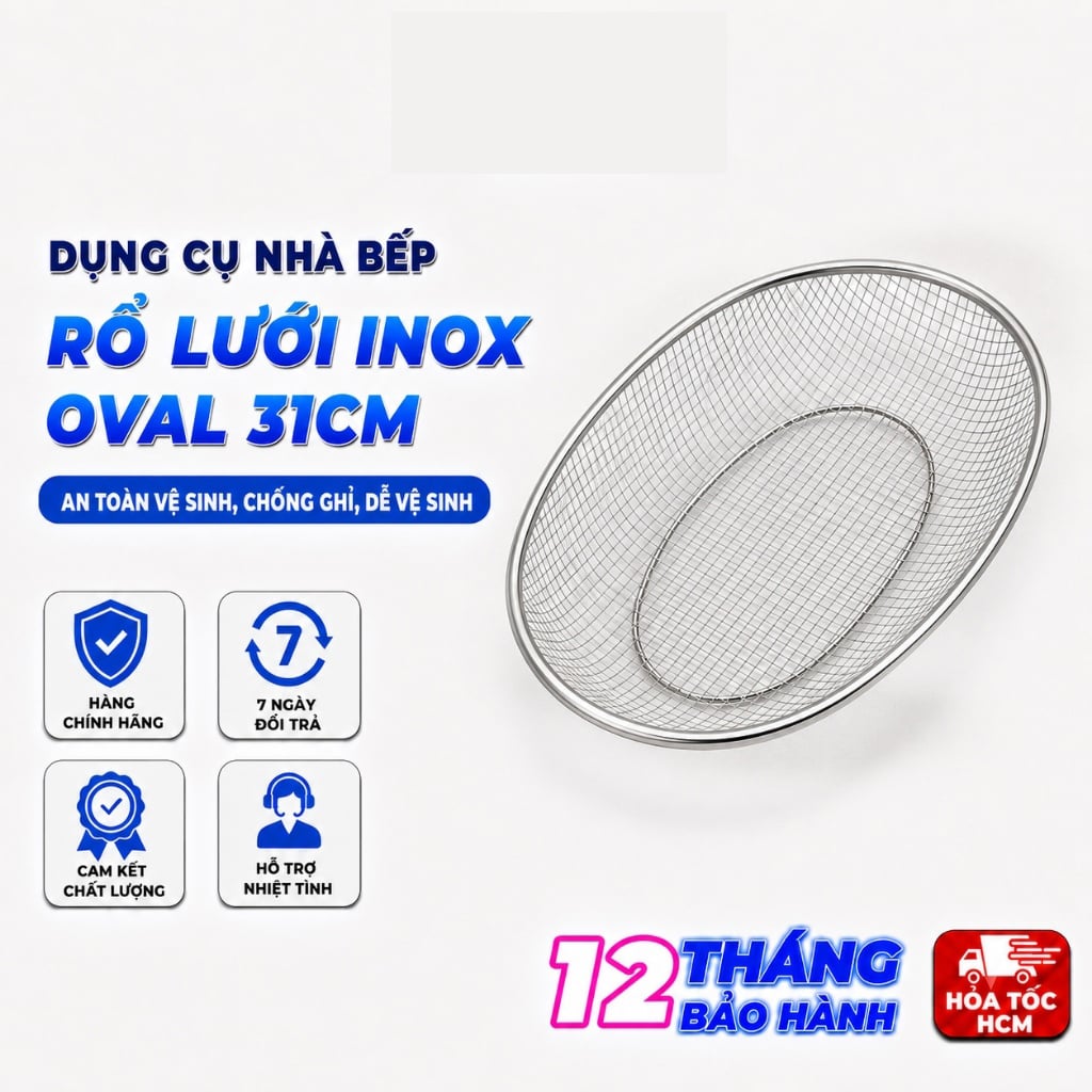 Rổ Lưới Inox Oval 31cm, Rổ Đựng Rửa Rau Củ Đa Năng