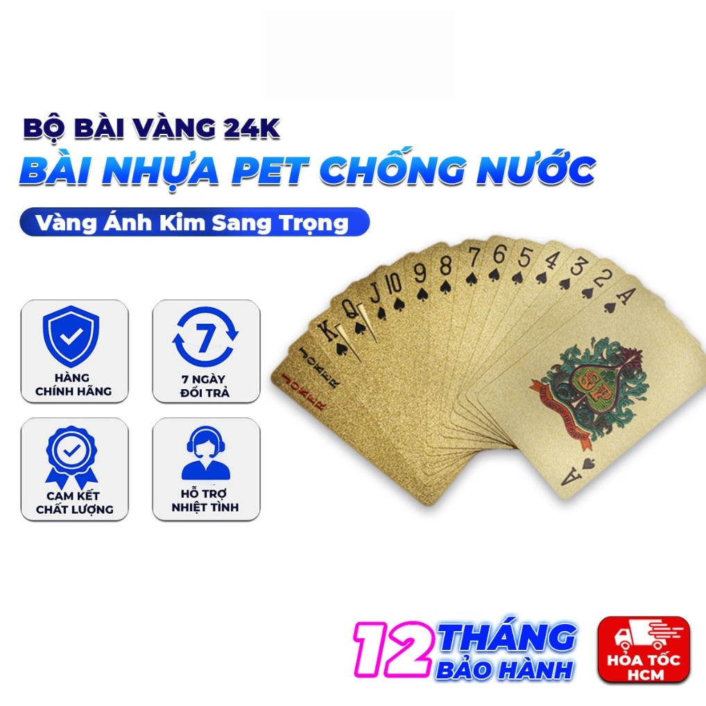 Bộ Bài Vàng 24K Cao Cấp 54 Lá – Bài Nhựa PET Chống Nước, Màu Vàng Ánh Kim, Sang Trọng Làm Quà Tặng