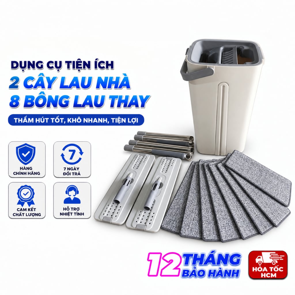 Bộ 2 Cây Lau Nhà Thùng Vuông TV11 + 8 Bông Lau Thay Thế, Cây Lau Sàn Nhà Tiện Lợi