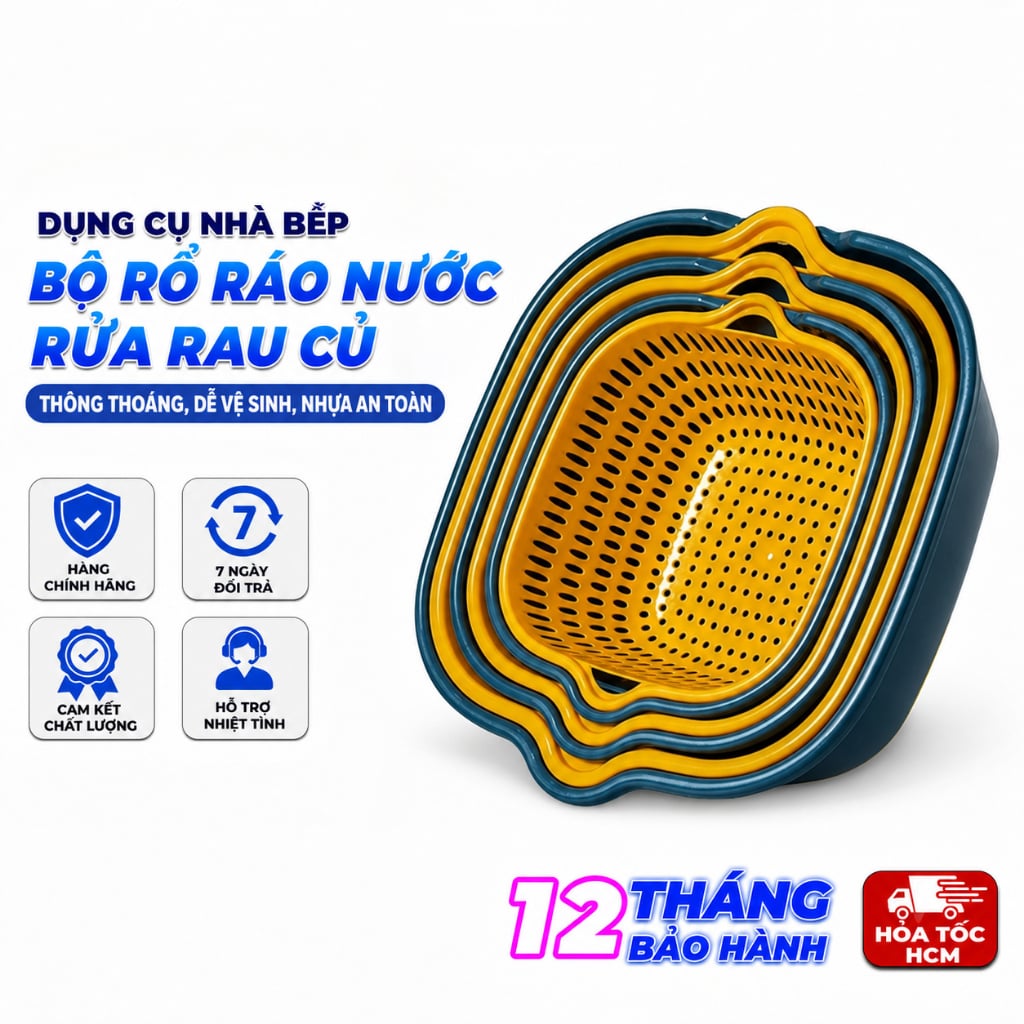 Bộ Chậu Rổ 6 Món Dáng Vuông Đa Năng, Bộ Rổ Ráo Nước Rửa Rau Củ Xếp Gọn Tiện Lợi