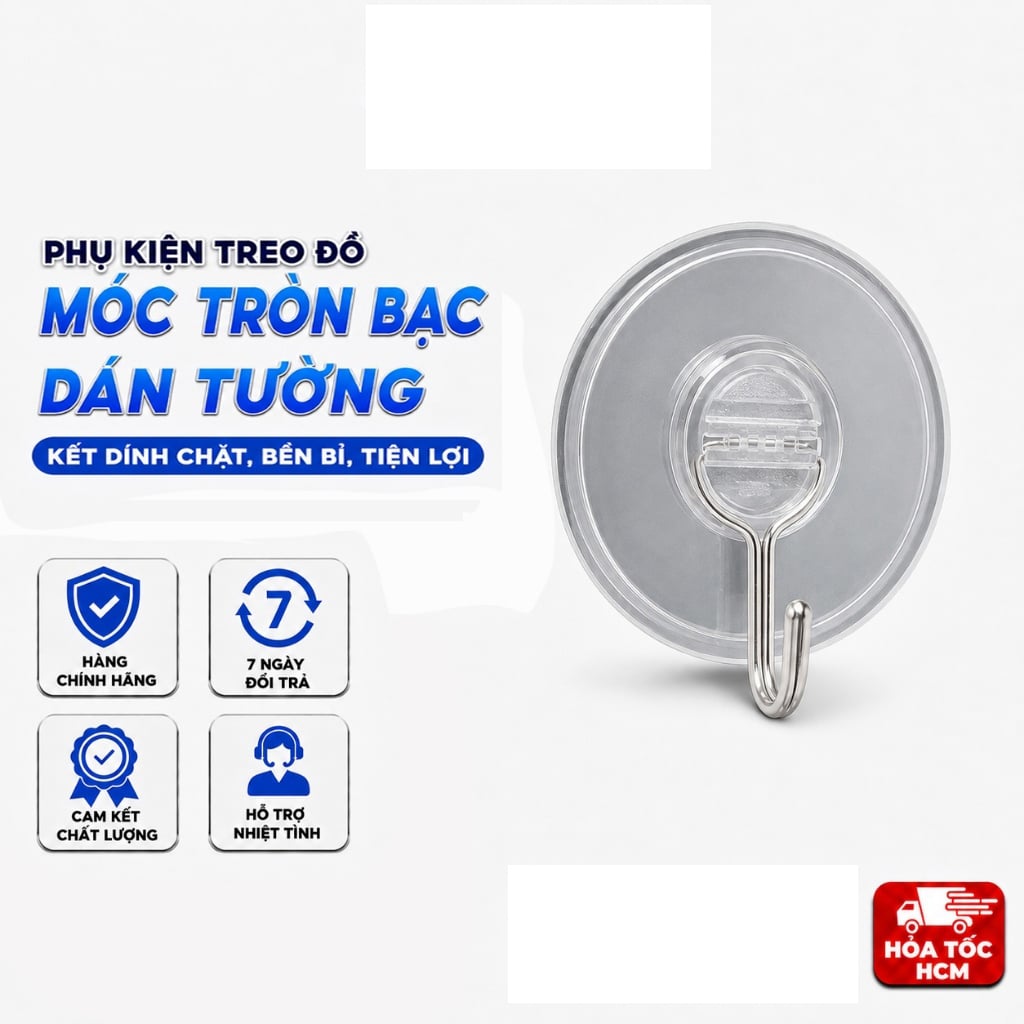 Vỉ 2 Móc Tròn Bạc Dán Tường, Móc Treo Đồ Không Khoan Tường