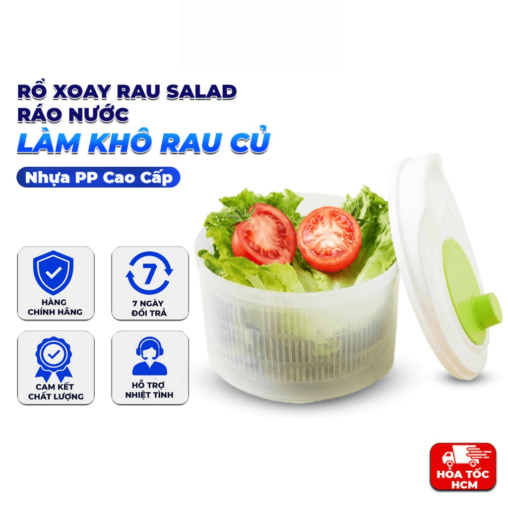 Rổ Xoay Rau Salad Ráo Nước – Rổ Quay Ly Tâm Làm Khô Rau Củ, Nhựa PP Cao Cấp