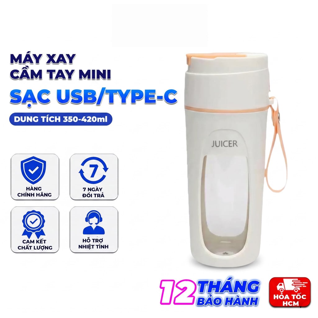 Máy Xay Cầm Tay Mini Juice – Máy Xay Sinh Tố Mini Pin Sạc USB/Type-C, Cốc 350–420ml