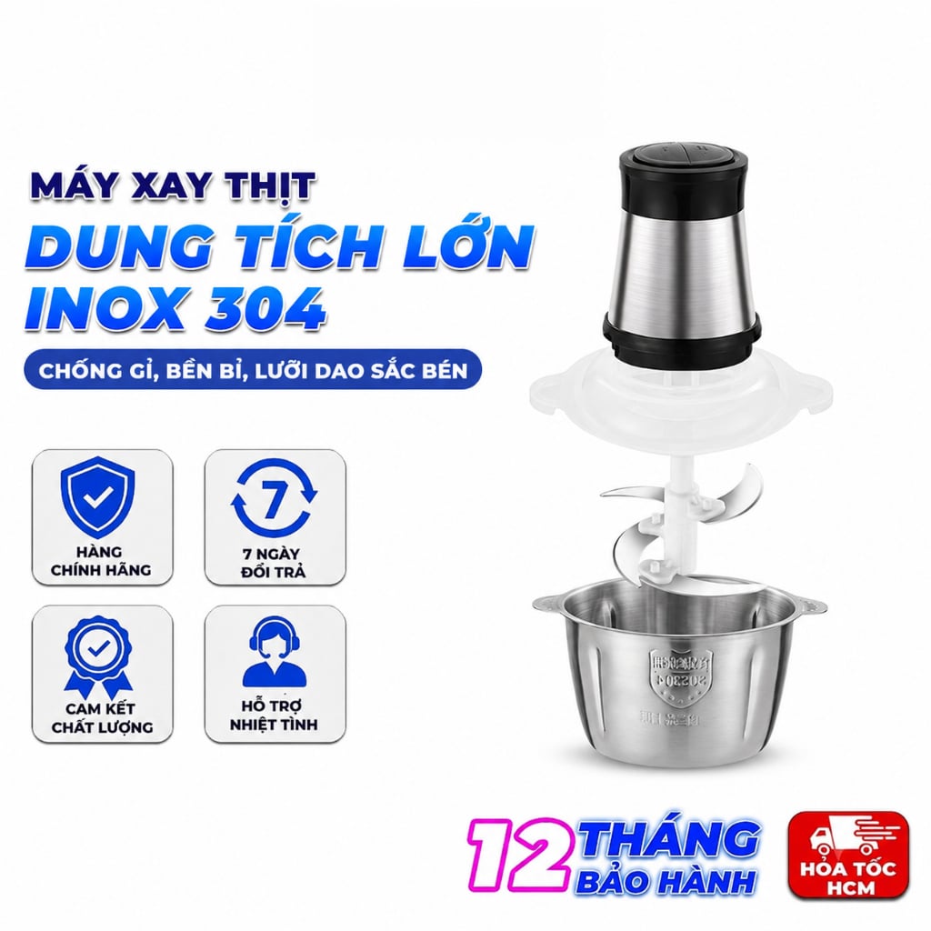 Máy Xay Thịt Inox Kitchen 2L, Máy Xay Thực Phẩm Đa Năng Dung Tích Lớn