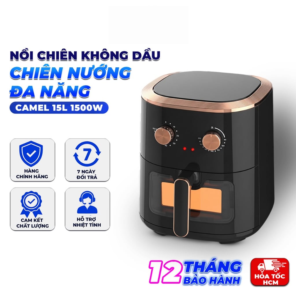 Nồi Chiên Không Dầu CAMEL 15L 1500W – Chiên Nướng Đa Năng, Công Nghệ Khí Nóng 360°, Cửa Kính