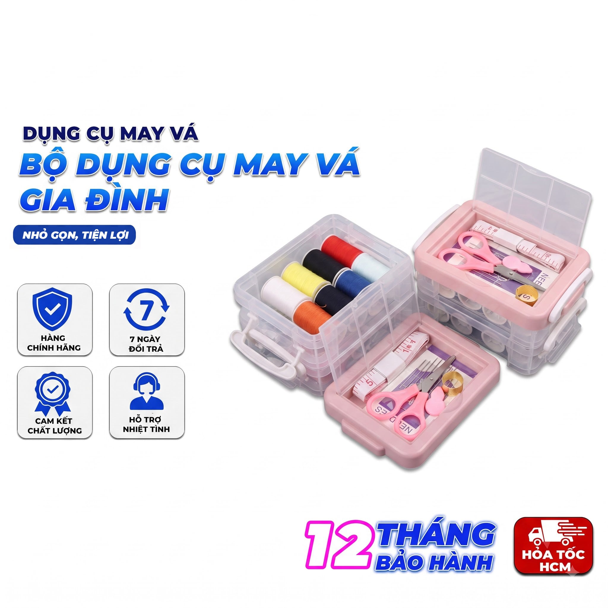 Hộp Kim Chỉ 3 Tầng Chữ Nhật, Bộ Dụng Cụ May Vá Gia Đình
