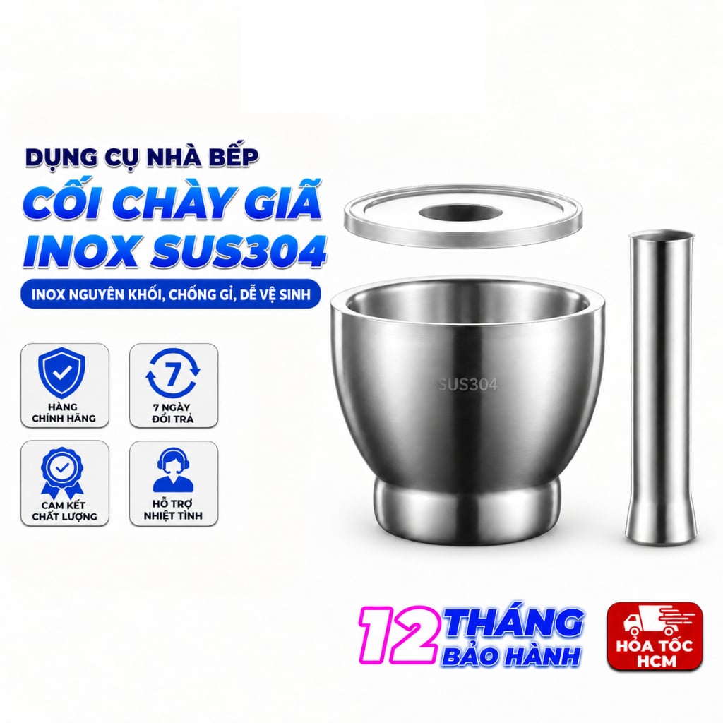 Cối Chày Giã Gia Vị Inox SUS304 – Thành Cối Dày, Đế Chống Trượt, Chày Inox Nguyên Khối, Chống Gỉ, Dễ Vệ Sinh - SP2069114140