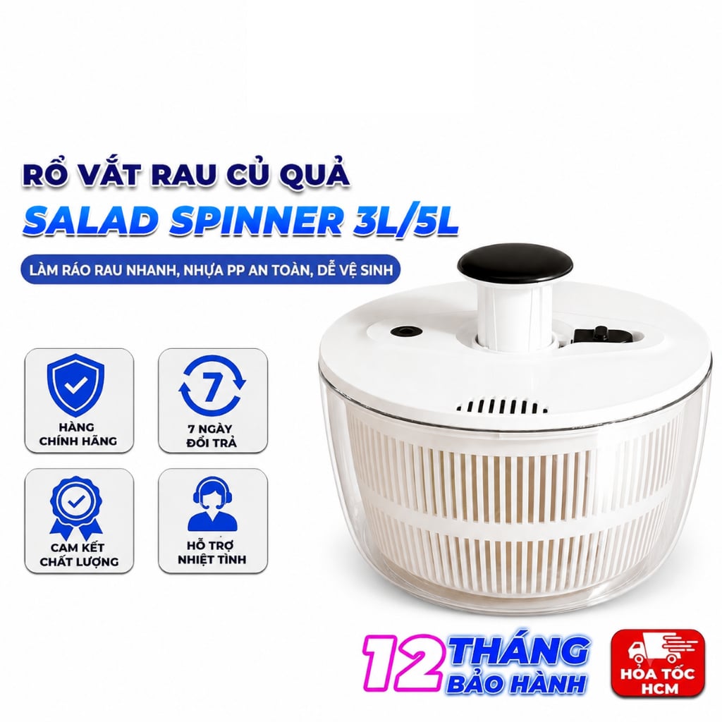 Rổ Vắt Rau Củ Quả Salad Spinner 3L/5L – Quay Ly Tâm 360°, Làm Ráo Rau Nhanh, Có Nút STOP - SP2069114139