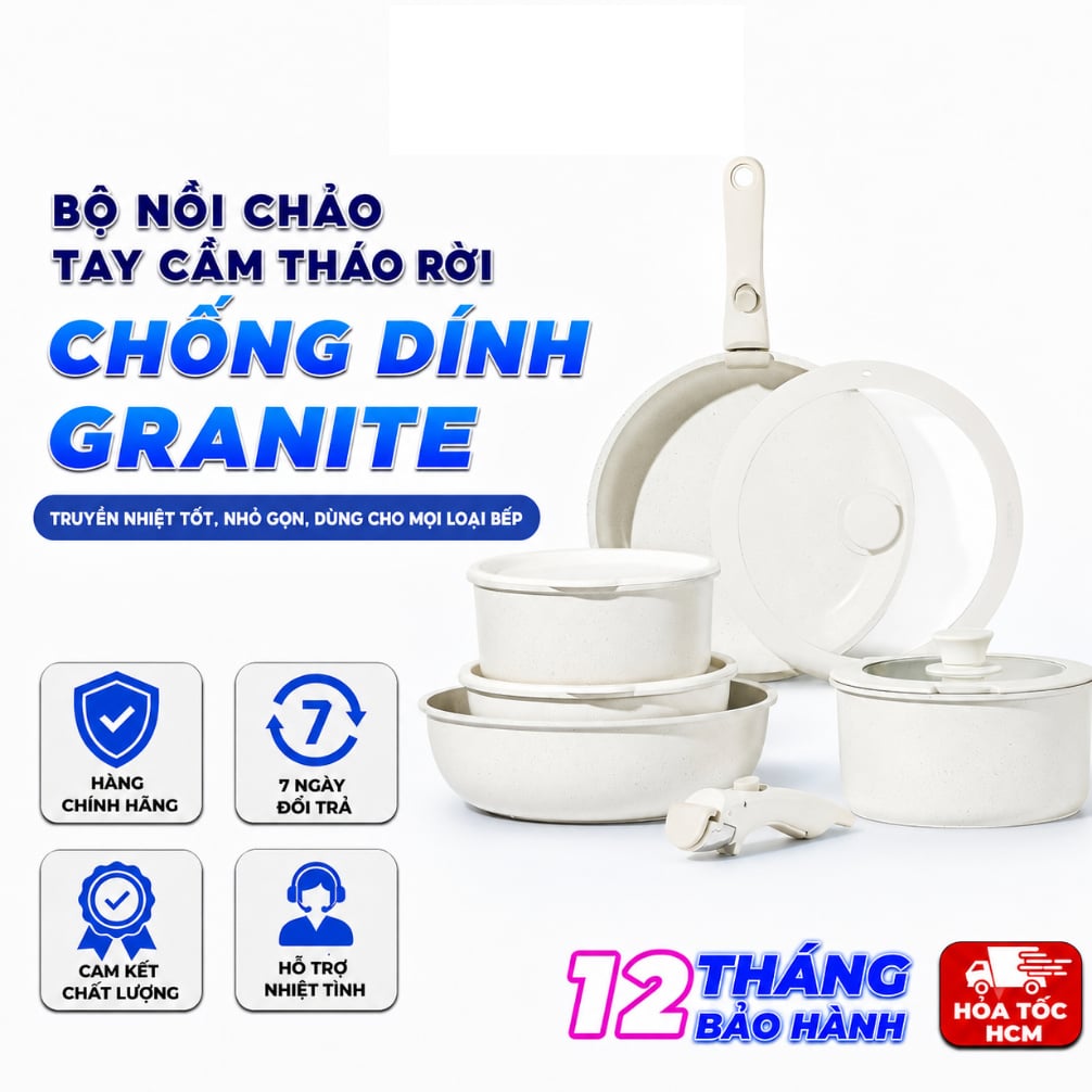 Bộ Nồi Chảo Tay Cầm Tháo Rời Phủ Đá Granite – Chống Dính, Đáy Từ, Nắp Kính Cường Lực, Dùng Mọi Loại Bếp - SP006430