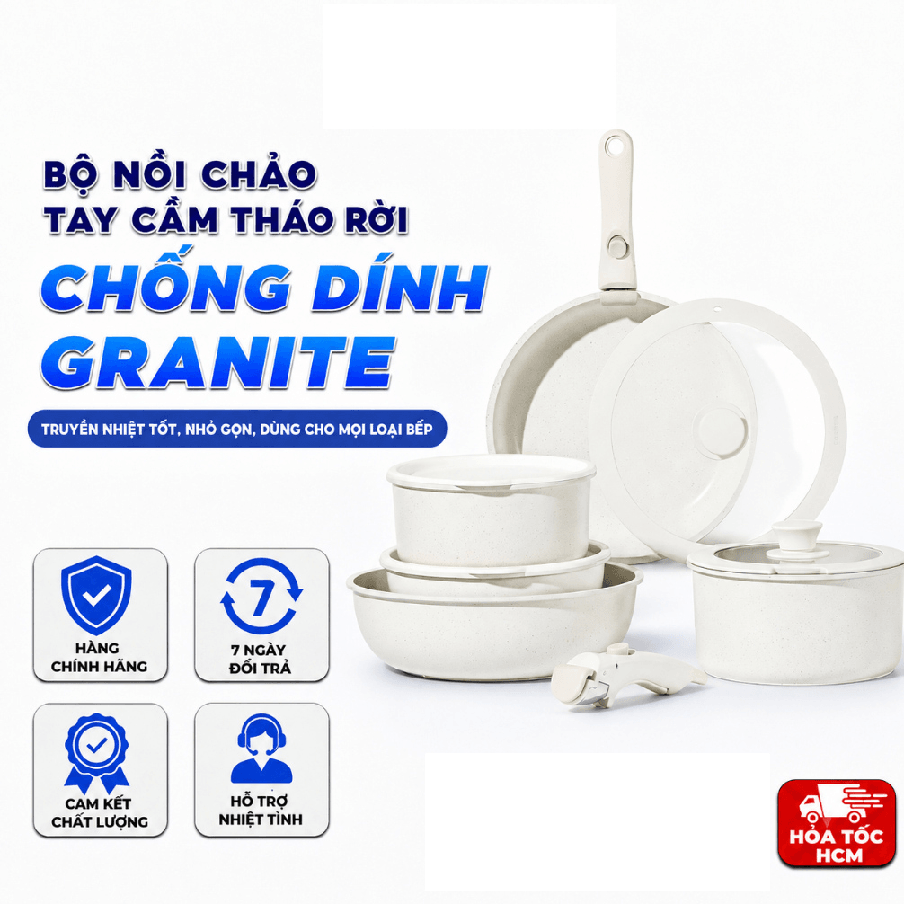 Bộ Nồi Chảo Tay Cầm Tháo Rời Phủ Đá Granite – Chống Dính, Đáy Từ, Nắp Kính Cường Lực, Dùng Mọi Loại Bếp