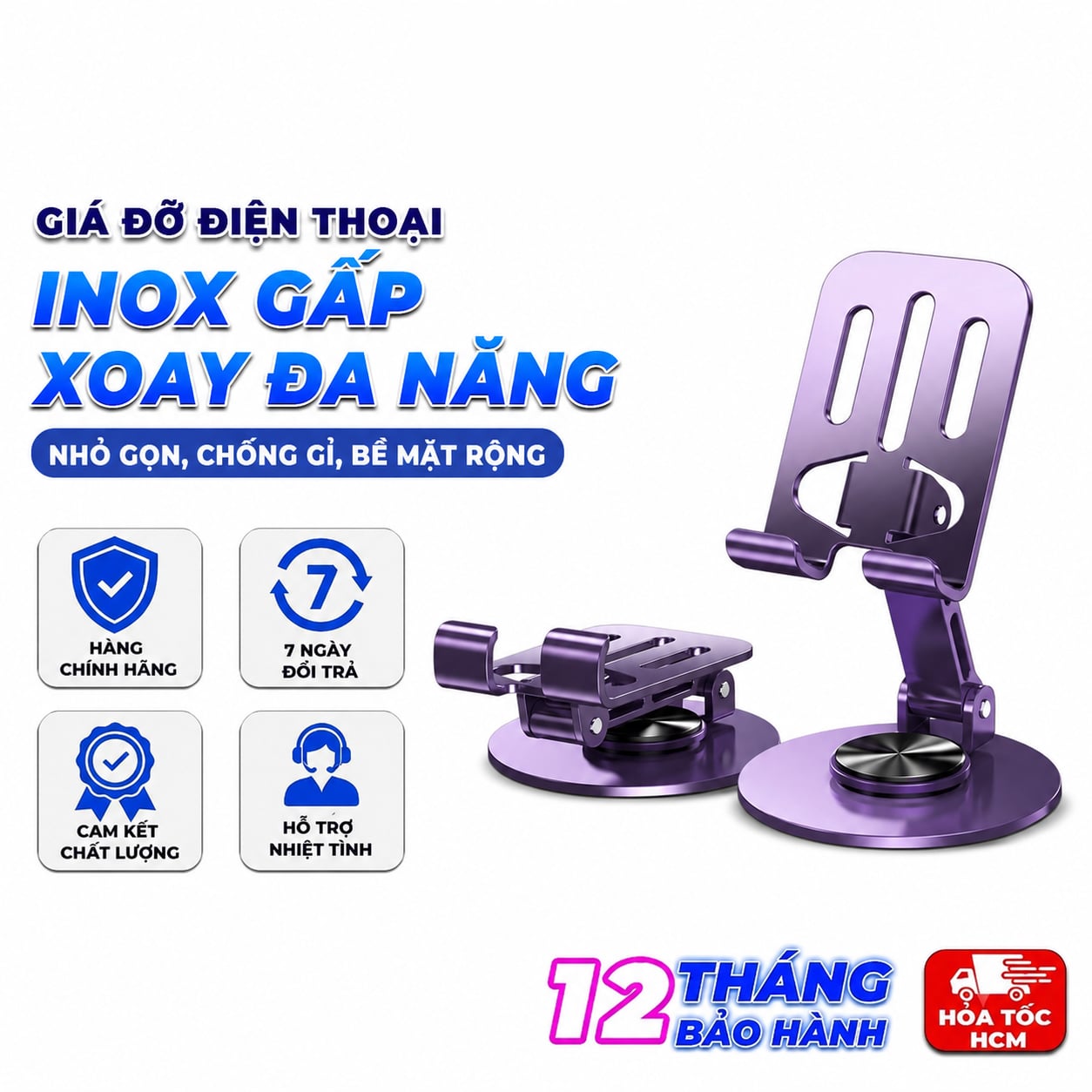 Giá Đỡ Điện Thoại Inox Gấp Xoay, Kệ Điện Thoại Để Bàn Đa Năng