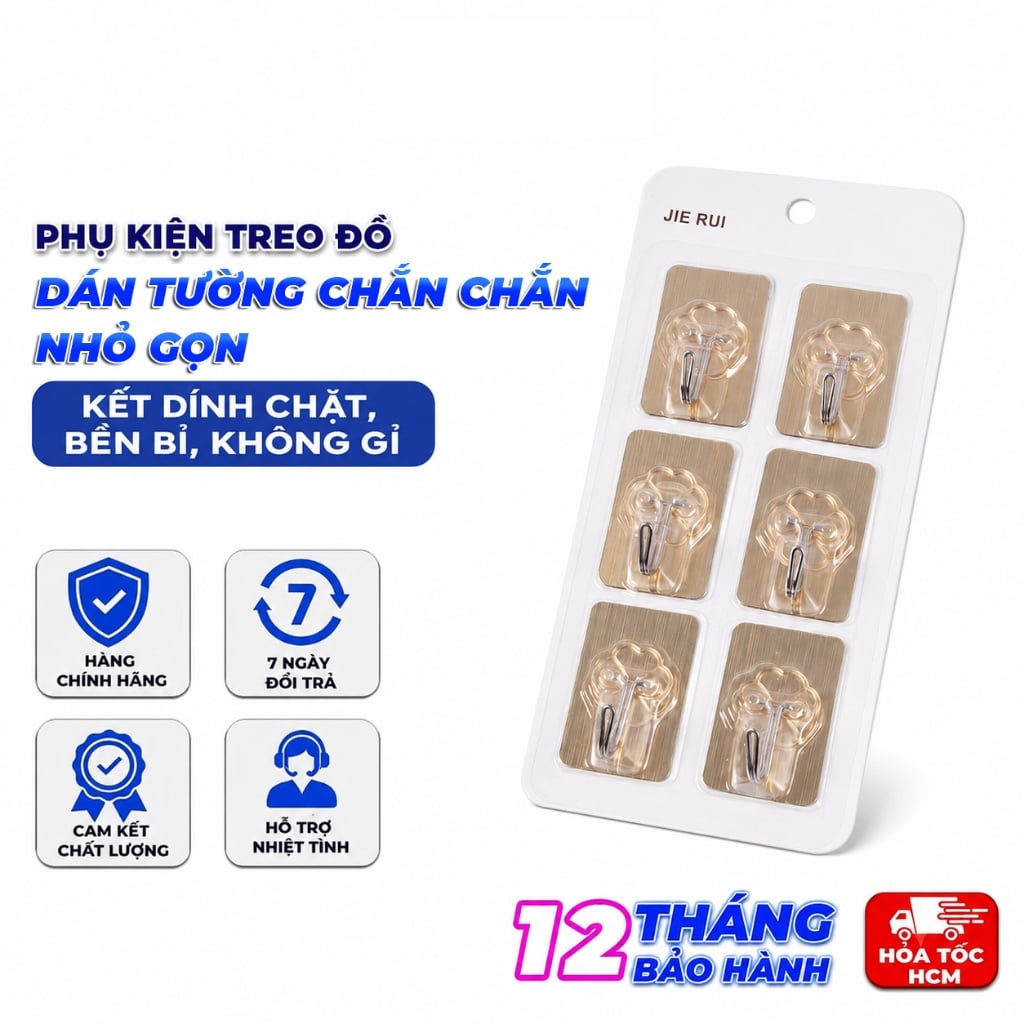 Vỉ 6 Móc Dán Tường Chữ Nhật, Móc Treo Đồ Không Khoan Tường Tiện Lợi
