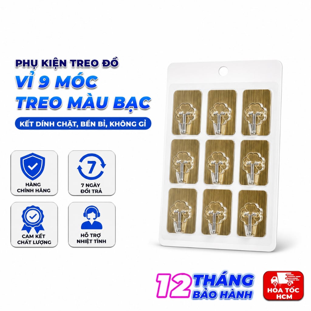 Vỉ 9 Móc Dán Tường, Móc Treo Đồ Đa Năng Tiện Lợi