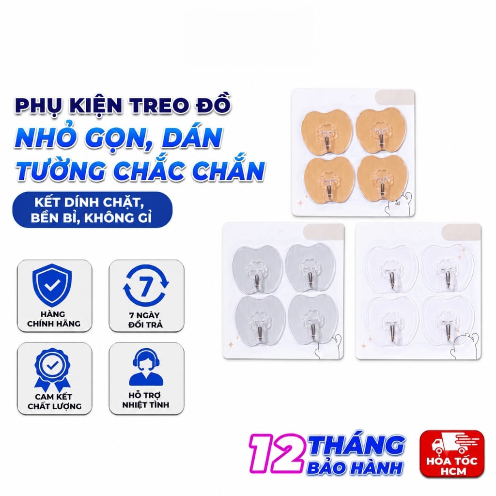 Vỉ 4 Móc Dán Tường Hình Táo, Móc Treo Đồ Tiện Ích Gia Đình