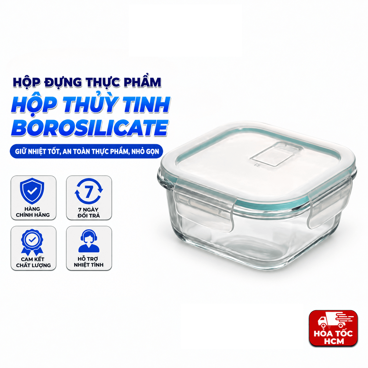 Bộ 4 Hộp Thủy Tinh Vuông, Hộp Bảo Quản Thực Phẩm Nắp Khóa 4 Cạnh