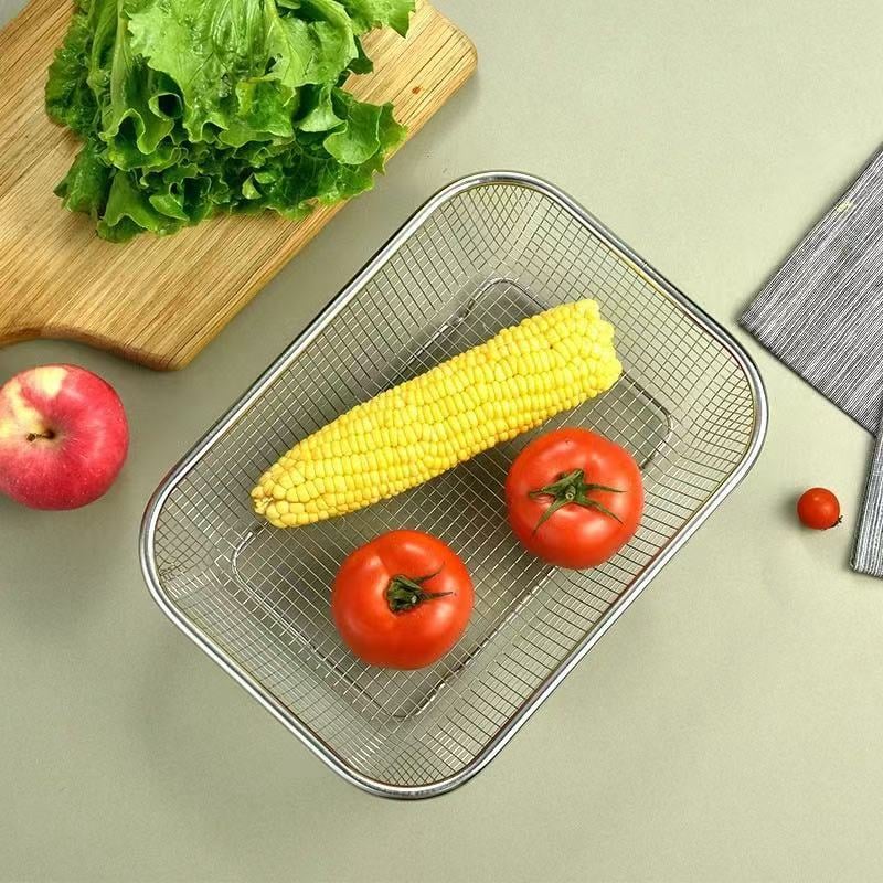 Rổ Lưới Inox Chữ Nhật 37cm, Rổ Đựng Rửa Rau Củ Đa Năng