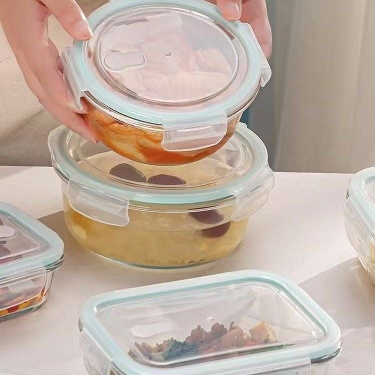Hộp Thủy Tinh Chịu Nhiệt Borosilicate – Bộ Vuông/Tròn/Chữ Nhật, 400–1300ml, Nắp Khóa 4 Cạnh, Đệm Silicone Kín Khít