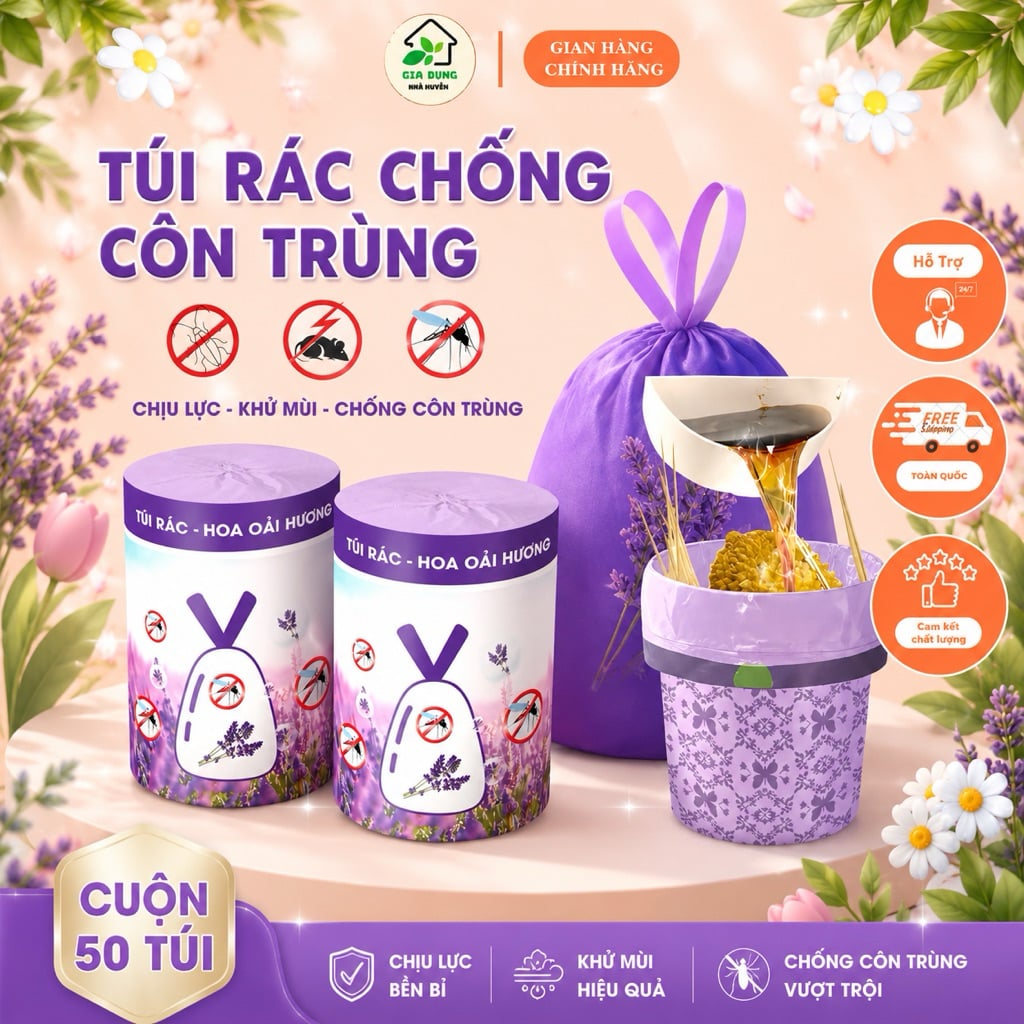 Cuộn 50 Túi Rác Oải Hương, Túi Đựng Rác Gia Đình Có Hương Thơm