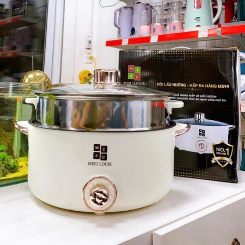 Nồi Lẩu Điện Mitsu MS99 28cm Màu Trắng, Nồi Lẩu Đa Năng Kèm Xửng Hấp Inox Tiện Lợi
