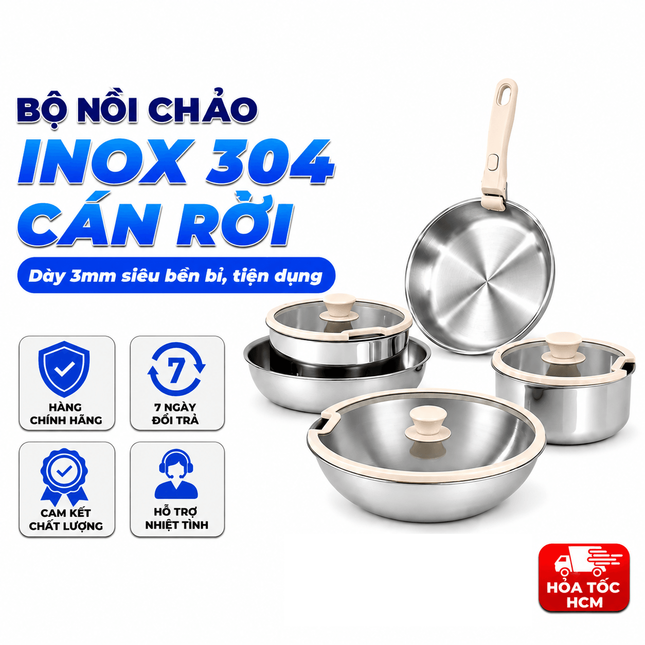 Bộ Nồi Cán Rời CAROTE Inox 304, Siêu Dày, Bộ Nồi Chảo Đa Năng Nhà Bếp
