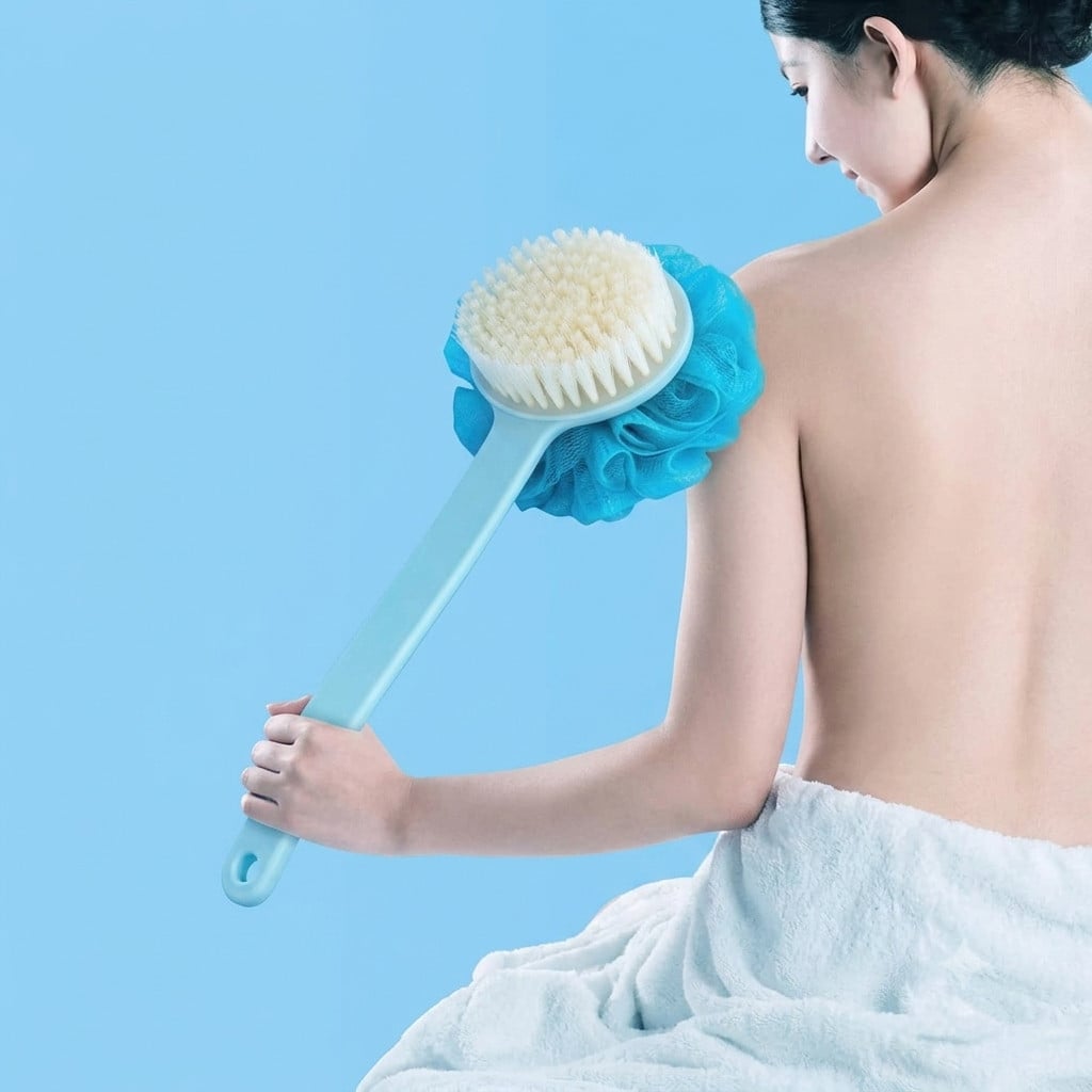 Cây Bông Tắm Chà Lưng Măng Cụt, Bông Tắm Cán Dài Tiện Lợi