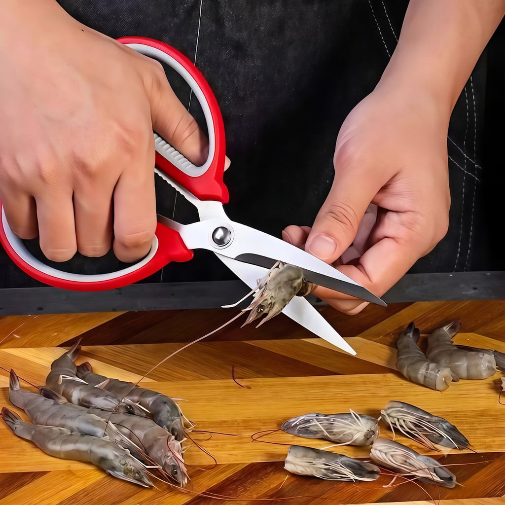 Kéo Đa Năng Cán Đỏ Xám, Kéo Gia Dụng Cắt Giấy Thực Phẩm Tiện Lợi