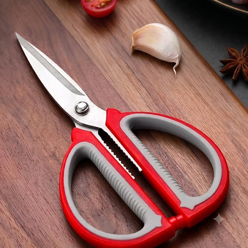 Kéo Đa Năng Cán Đỏ Xám, Kéo Gia Dụng Cắt Giấy Thực Phẩm Tiện Lợi