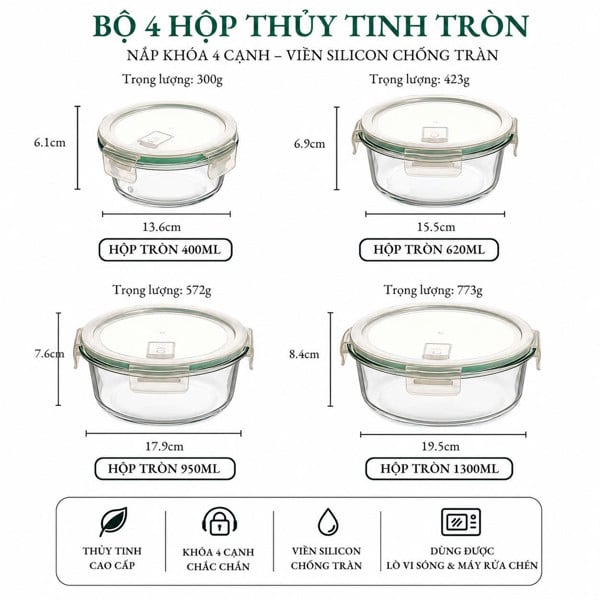 Hộp Thủy Tinh Chịu Nhiệt Borosilicate – Bộ Vuông/Tròn/Chữ Nhật, 400–1300ml, Nắp Khóa 4 Cạnh, Đệm Silicone Kín Khít