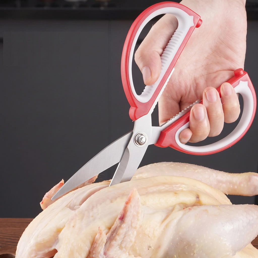 Kéo Đa Năng Cán Đỏ Xám, Kéo Gia Dụng Cắt Giấy Thực Phẩm Tiện Lợi