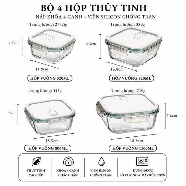 Bộ 4 Hộp Thủy Tinh Vuông, Hộp Bảo Quản Thực Phẩm Nắp Khóa 4 Cạnh