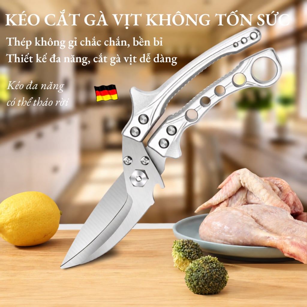 Kéo Cắt Gà Cao Cấp – Lưỡi Răng Cưa Thép Không Gỉ 3Cr13,Tách Thành Dao, Cắt Xương, Cạo Vảy Cá, Mở Nắp Chai