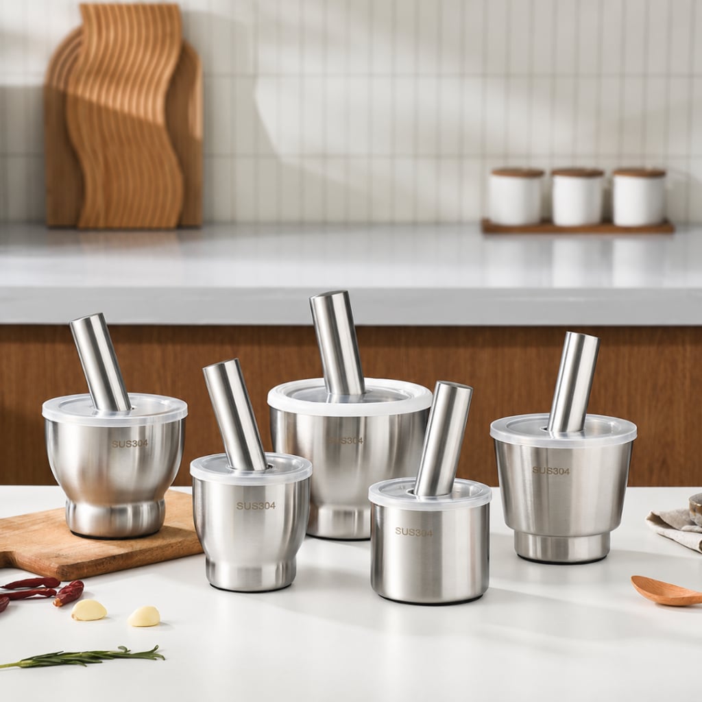Cối Chày Giã Gia Vị Inox SUS304 – Thành Cối Dày, Đế Chống Trượt, Chày Inox Nguyên Khối, Chống Gỉ, Dễ Vệ Sinh