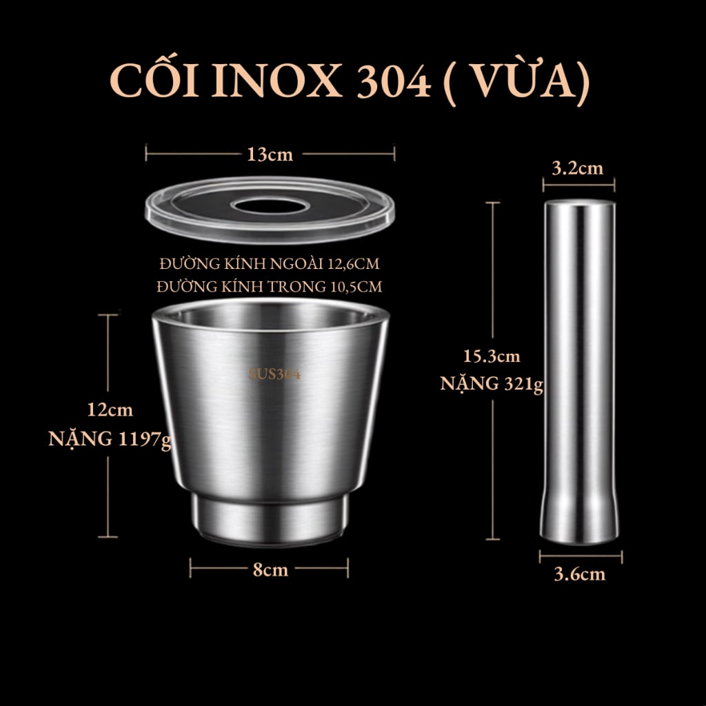 Cối Chày Giã Gia Vị Inox SUS304 – Thành Cối Dày, Đế Chống Trượt, Chày Inox Nguyên Khối, Chống Gỉ, Dễ Vệ Sinh