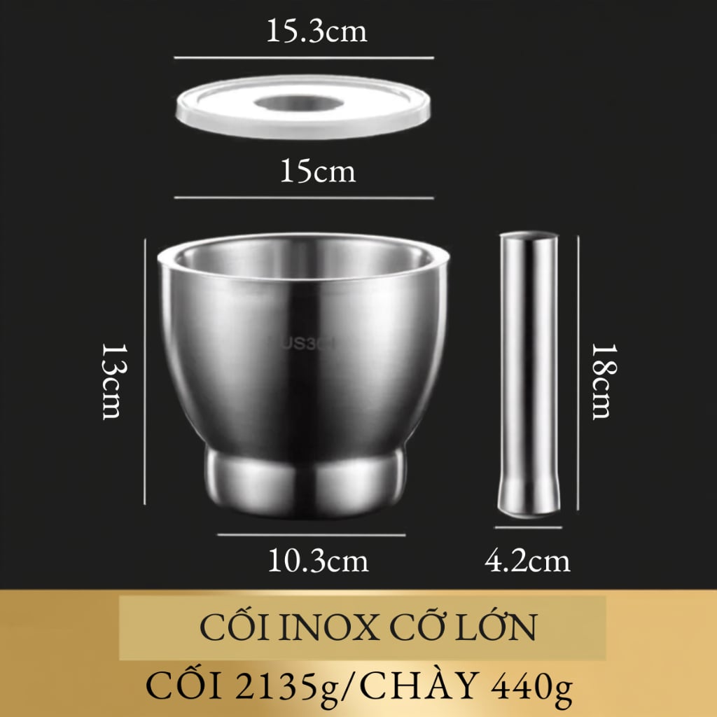 Cối Chày Giã Gia Vị Inox SUS304 – Thành Cối Dày, Đế Chống Trượt, Chày Inox Nguyên Khối, Chống Gỉ, Dễ Vệ Sinh