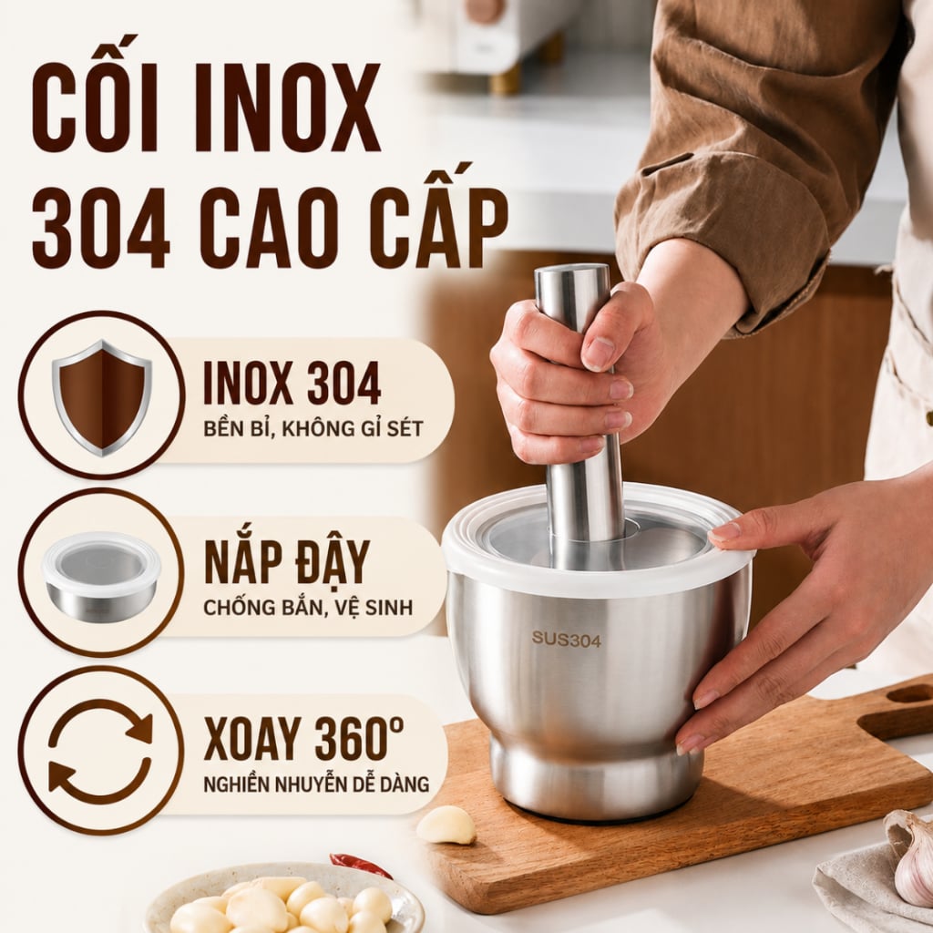 Cối Chày Giã Gia Vị Inox SUS304 – Thành Cối Dày, Đế Chống Trượt, Chày Inox Nguyên Khối, Chống Gỉ, Dễ Vệ Sinh