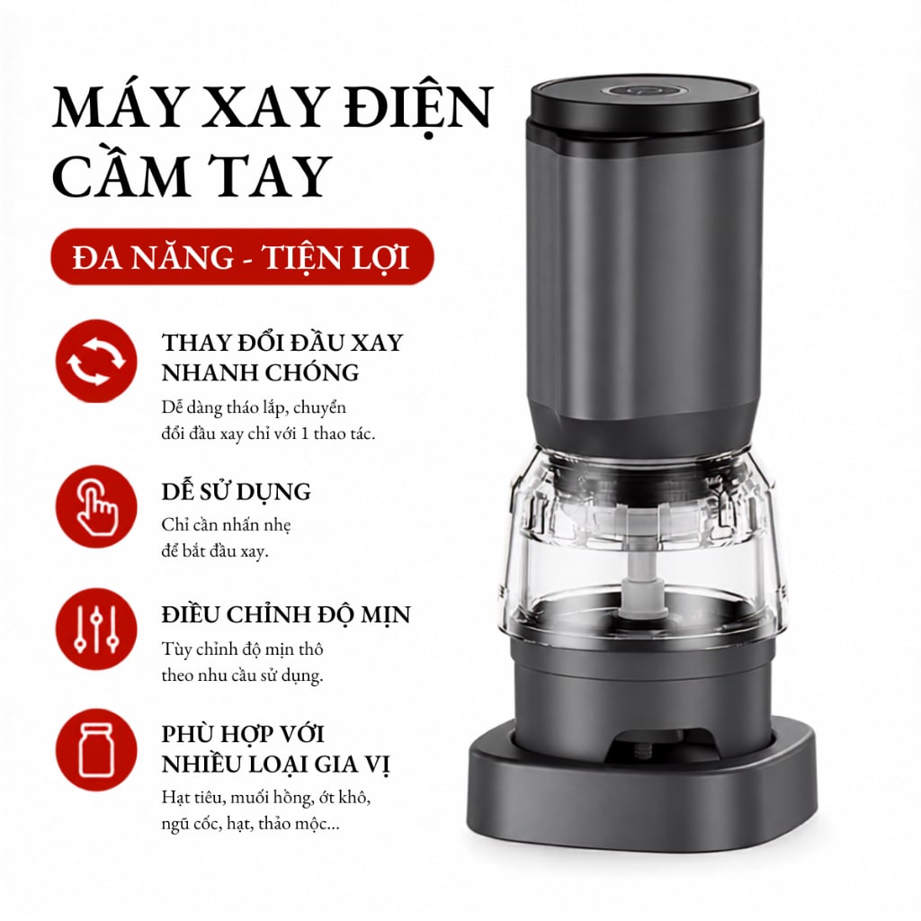 Máy Xay Tiêu Điện Đa Năng – Lõi Gốm Ceramic, Sạc USB, Điều Chỉnh Độ Mịn, Xay Gia Vị Tự Động