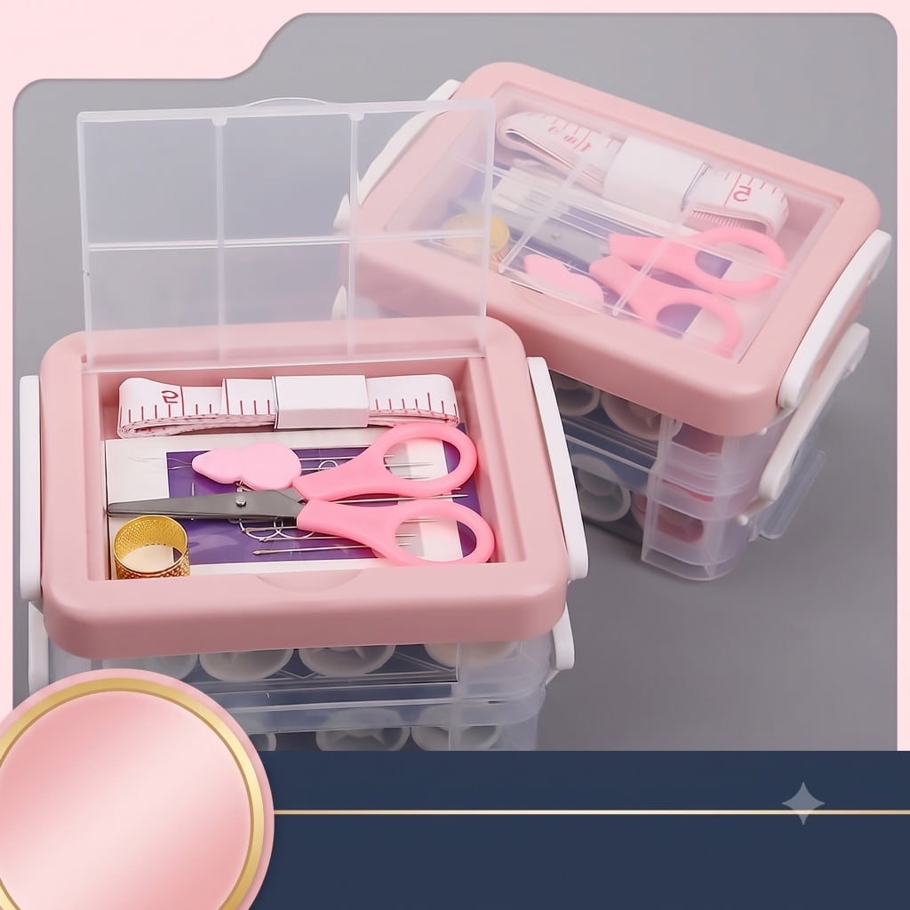 Hộp Kim Chỉ 3 Tầng Chữ Nhật, Bộ Dụng Cụ May Vá Gia Đình