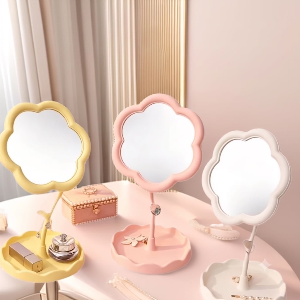 Gương Để Bàn Đế Cao Hình Hoa, Gương Trang Điểm Mini Tiện Lợi