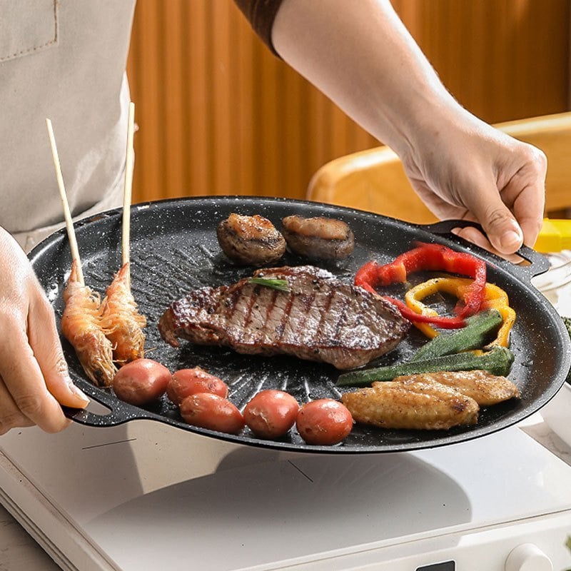 Chảo Gang Vân Đá 34cm, Chảo Nướng, Nấu Ăn Chống Dính Đa Năng Cho Gia Đình