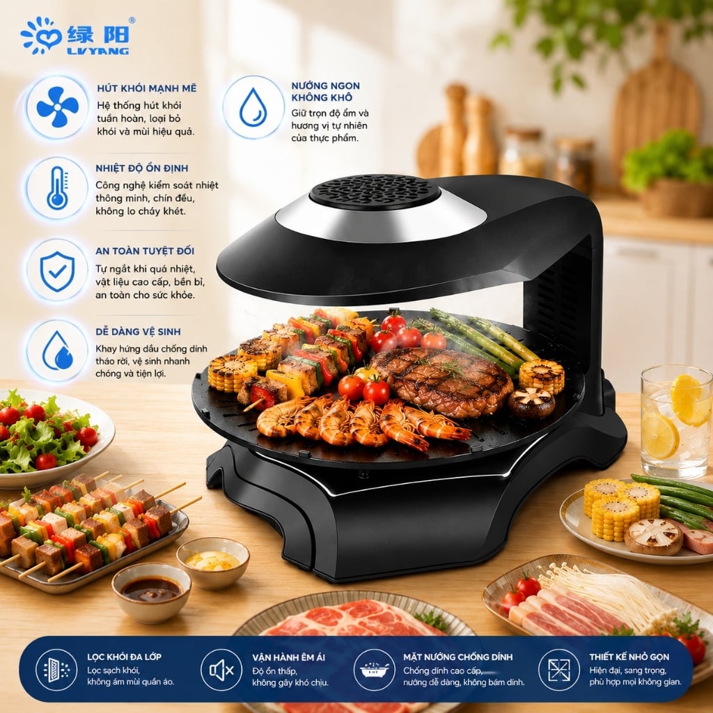 Bếp Nướng Không Khói LVYANG ERGILL, Nướng Xoay 360 Độ, Tự Động, Chín Đều, Không Ám Mùi