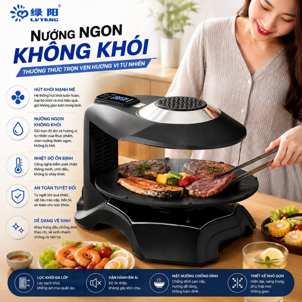 Bếp Nướng Không Khói LVYANG ERGILL, Nướng Xoay 360 Độ, Tự Động, Chín Đều, Không Ám Mùi