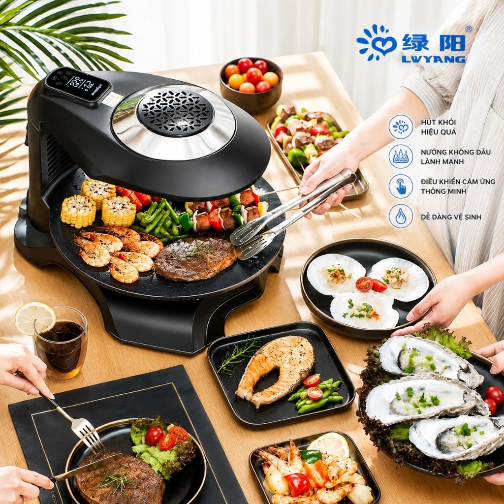 Bếp Nướng Không Khói LVYANG ERGILL, Nướng Xoay 360 Độ, Tự Động, Chín Đều, Không Ám Mùi