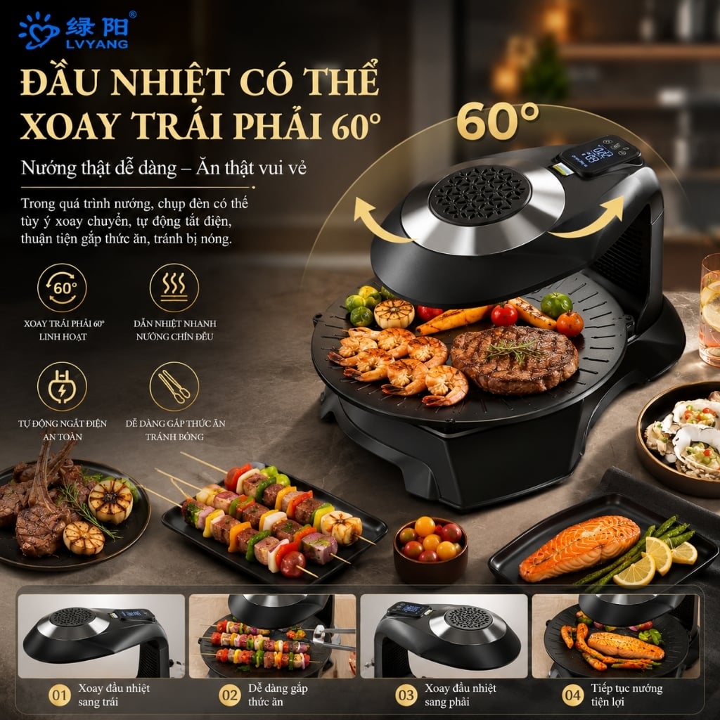 Bếp Nướng Không Khói LVYANG ERGILL, Nướng Xoay 360 Độ, Tự Động, Chín Đều, Không Ám Mùi