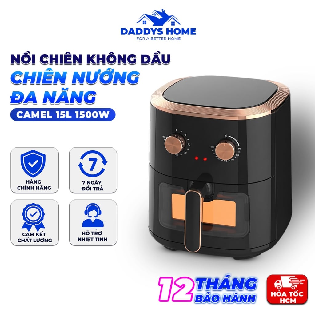 Nồi Chiên Không Dầu CAMEL 15L 1500W – Chiên Nướng Đa Năng, Công Nghệ Khí Nóng 360°, Cửa Kính