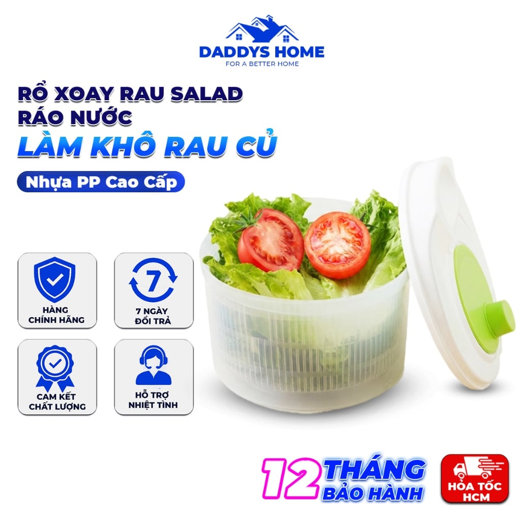 Rổ Xoay Rau Salad Ráo Nước – Rổ Quay Ly Tâm Làm Khô Rau Củ, Nhựa PP Cao Cấp