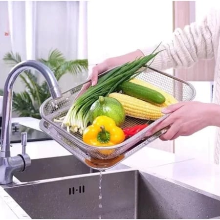 Rổ Lưới Inox Chữ Nhật 29cm, Rổ Đựng Rửa Rau Củ Đa Năng