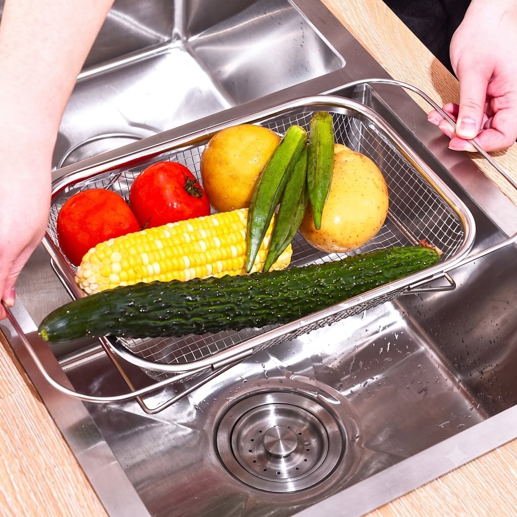 Rổ Lưới Inox Chữ Nhật 37cm, Rổ Đựng Rửa Rau Củ Đa Năng