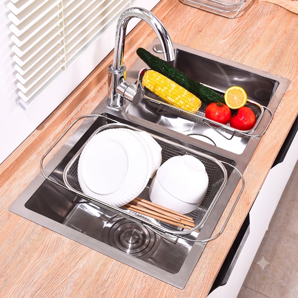 Rổ Lưới Inox Chữ Nhật 37cm, Rổ Đựng Rửa Rau Củ Đa Năng