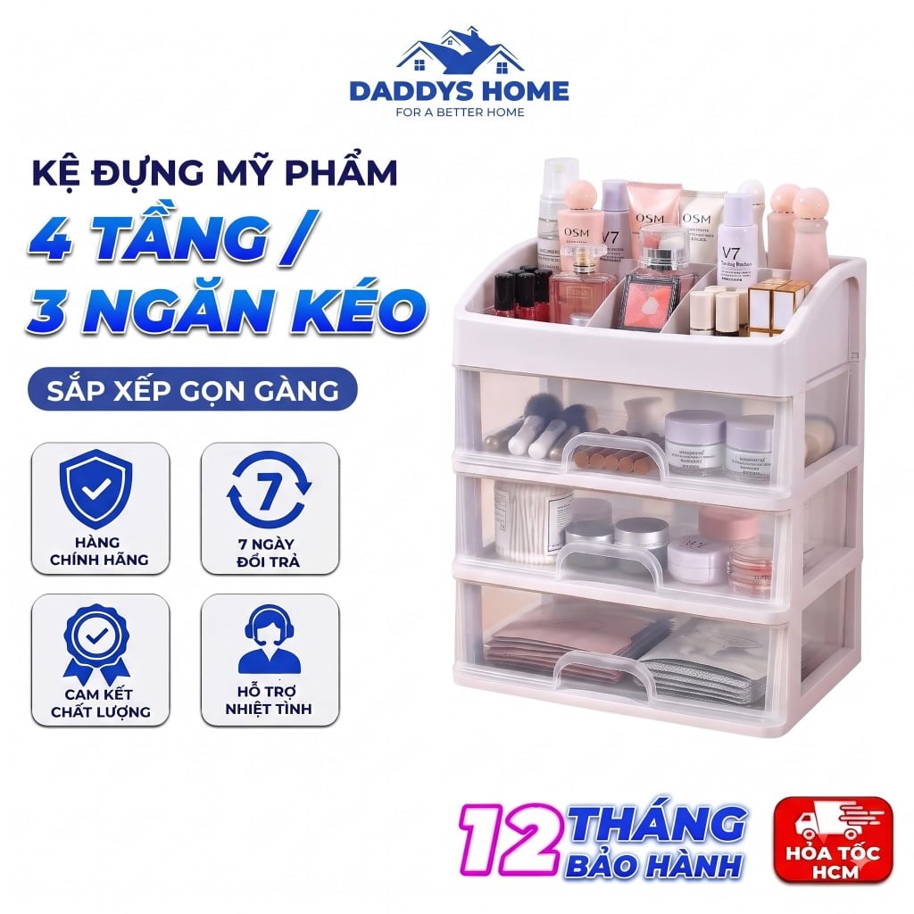 Kệ Mỹ Phẩm 4 Tầng 3 Ngăn Kéo, Kệ Đựng Mỹ Phẩm Trang Sức Đa Năng