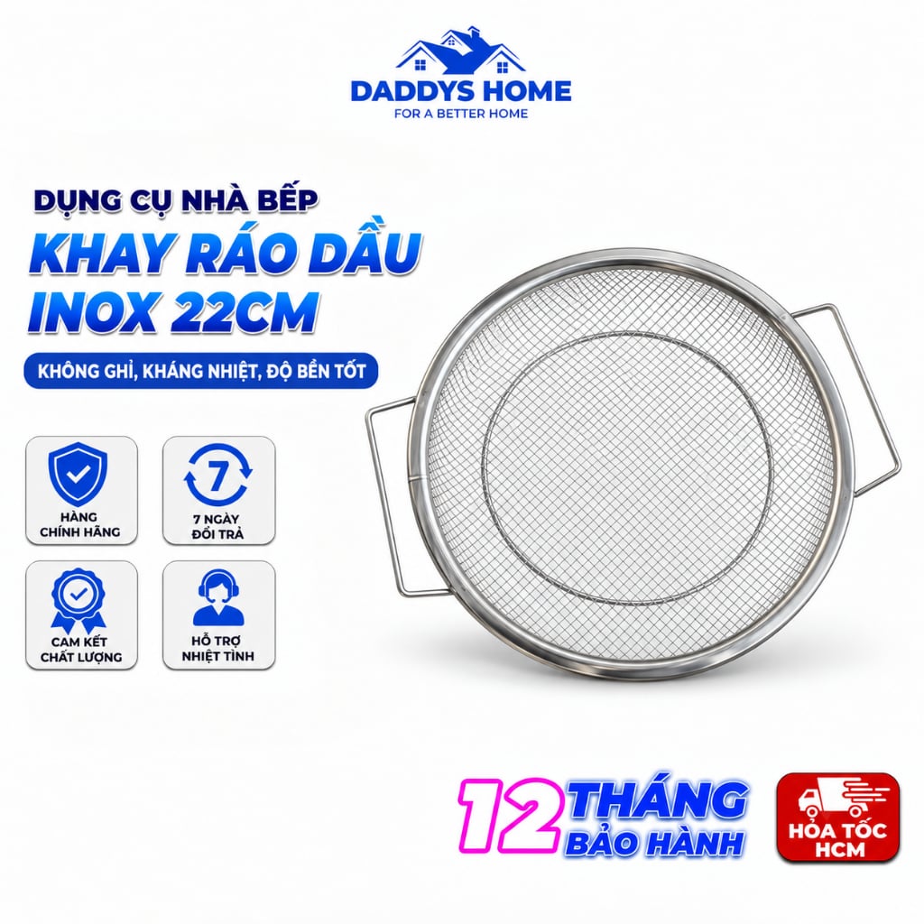 Khay Ráo Dầu Inox 22cm Loại 1, Khay Lọc Dầu Đựng Thực Phẩm Chiên Rán Nhà Bếp